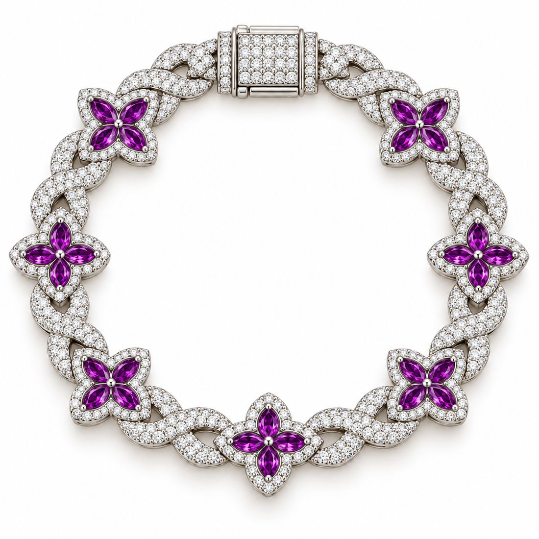 Moissanite Purple Pear Diamond Clover Infinity Link Bracelet
