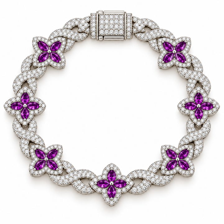 Moissanite Purple Pear Diamond Clover Infinity Link Bracelet