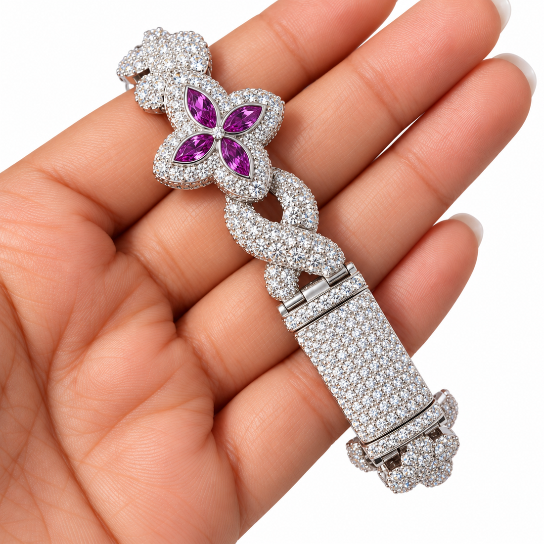 Moissanite Purple Pear Diamond Clover Infinity Link Bracelet