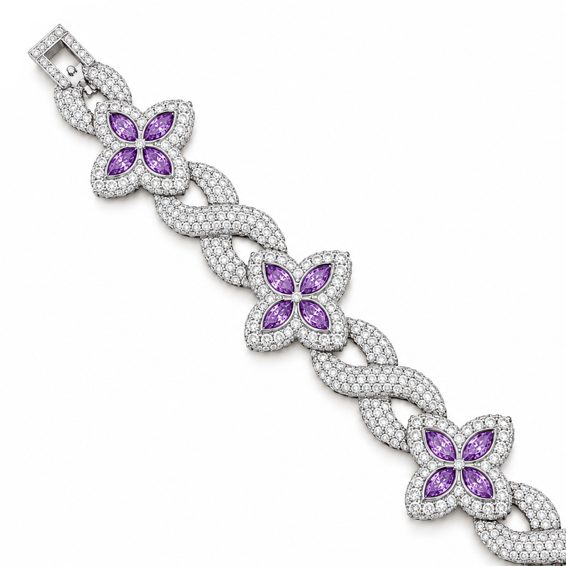 Moissanite Purple Pear Diamond Clover Infinity Link Bracelet