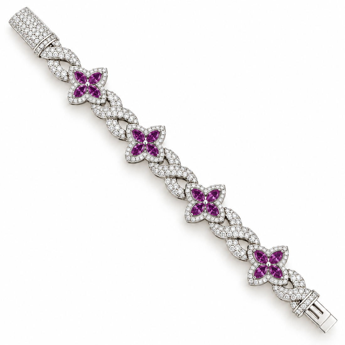 Moissanite Purple Pear Diamond Clover Infinity Link Bracelet