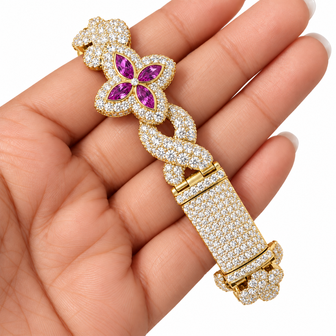 Moissanite Purple Pear Diamond Clover Infinity Link Bracelet