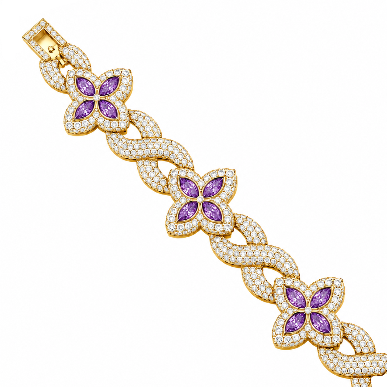 Moissanite Purple Pear Diamond Clover Infinity Link Bracelet