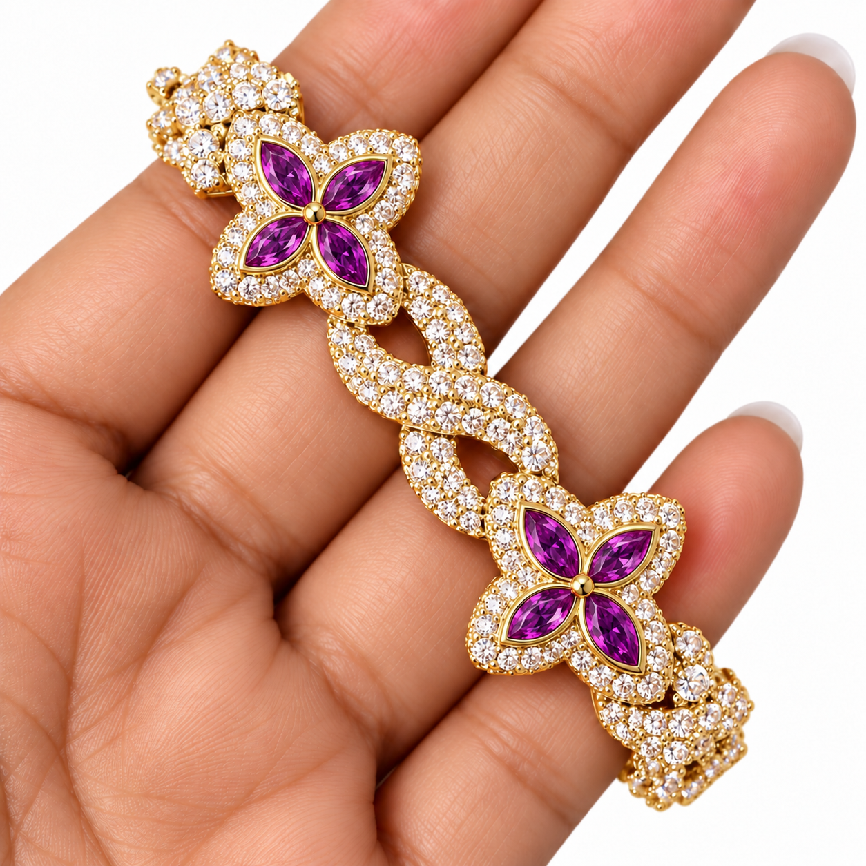 Moissanite Purple Pear Diamond Clover Infinity Link Bracelet