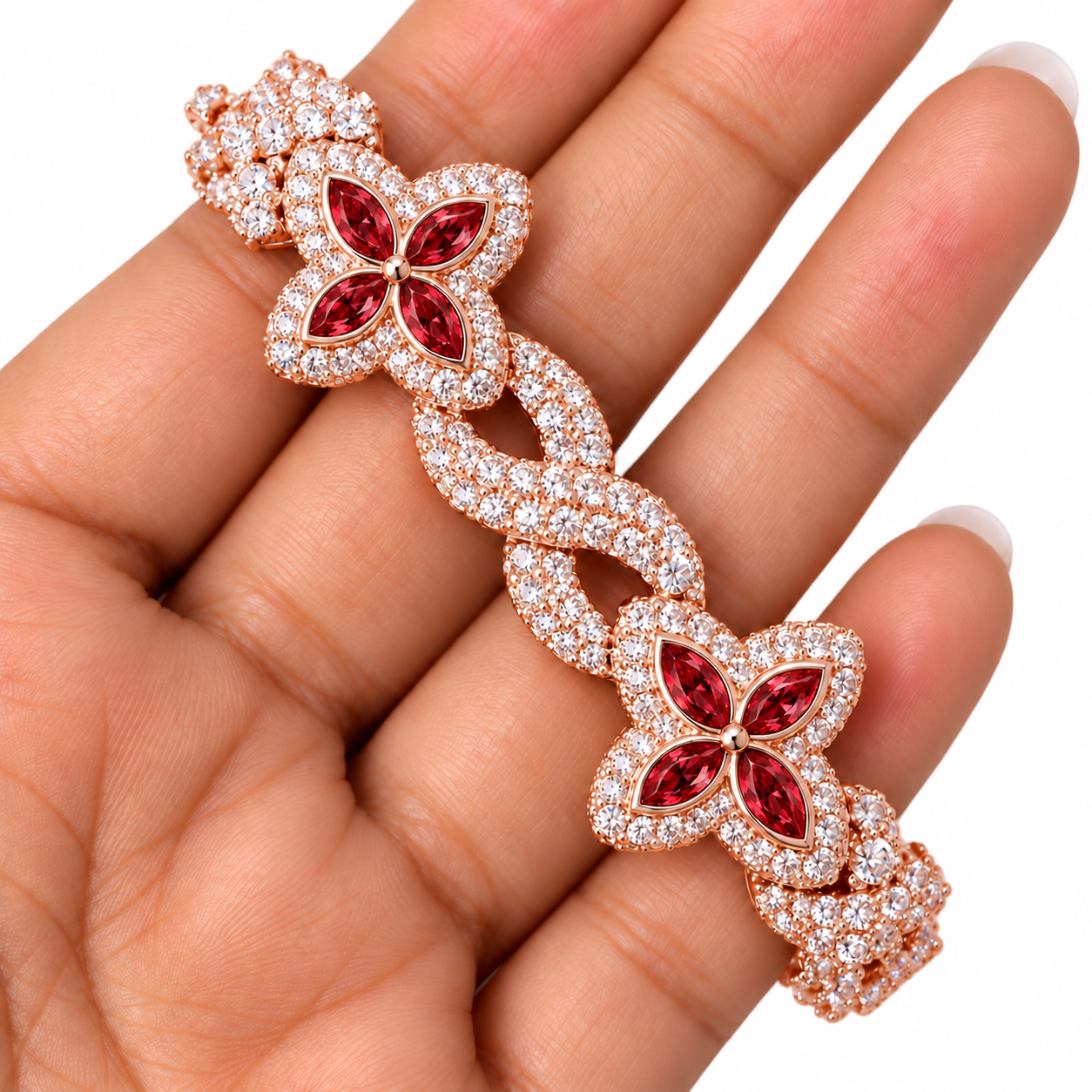 Moissanite Red Pear Diamond Clover Infinity Link Bracelet