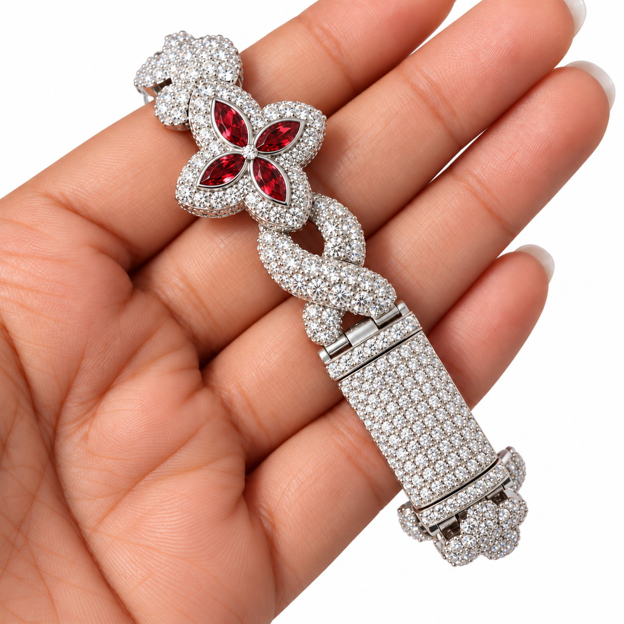 Moissanite Red Pear Diamond Clover Infinity Link Bracelet