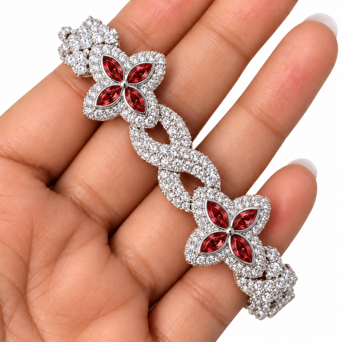 Moissanite Red Pear Diamond Clover Infinity Link Bracelet
