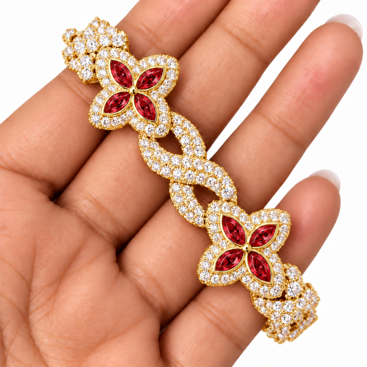 Moissanite Red Pear Diamond Clover Infinity Link Bracelet
