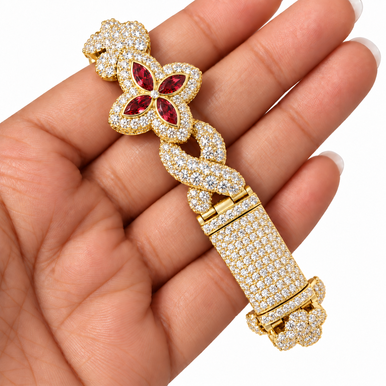Moissanite Red Pear Diamond Clover Infinity Link Bracelet