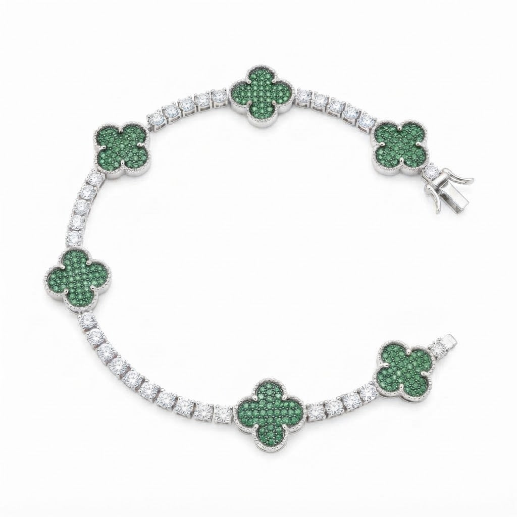 Green Moissanite Clover Station Link Bracelet