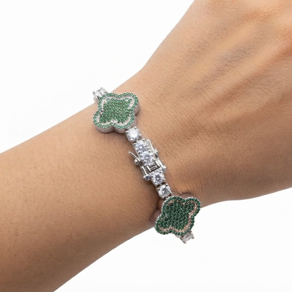 Green Moissanite Clover Station Link Bracelet