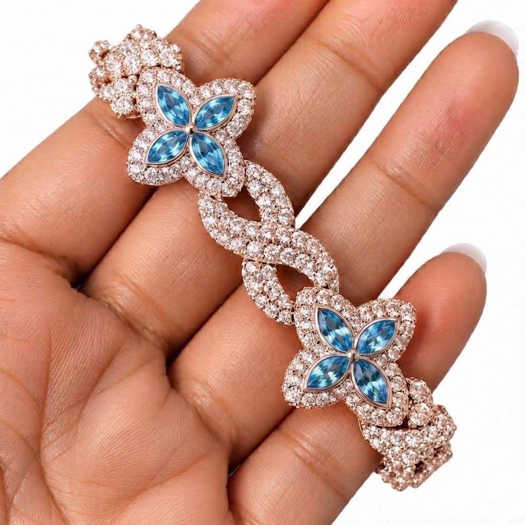 Moissanite Blue Pear Diamond Clover Infinity Link Bracelet