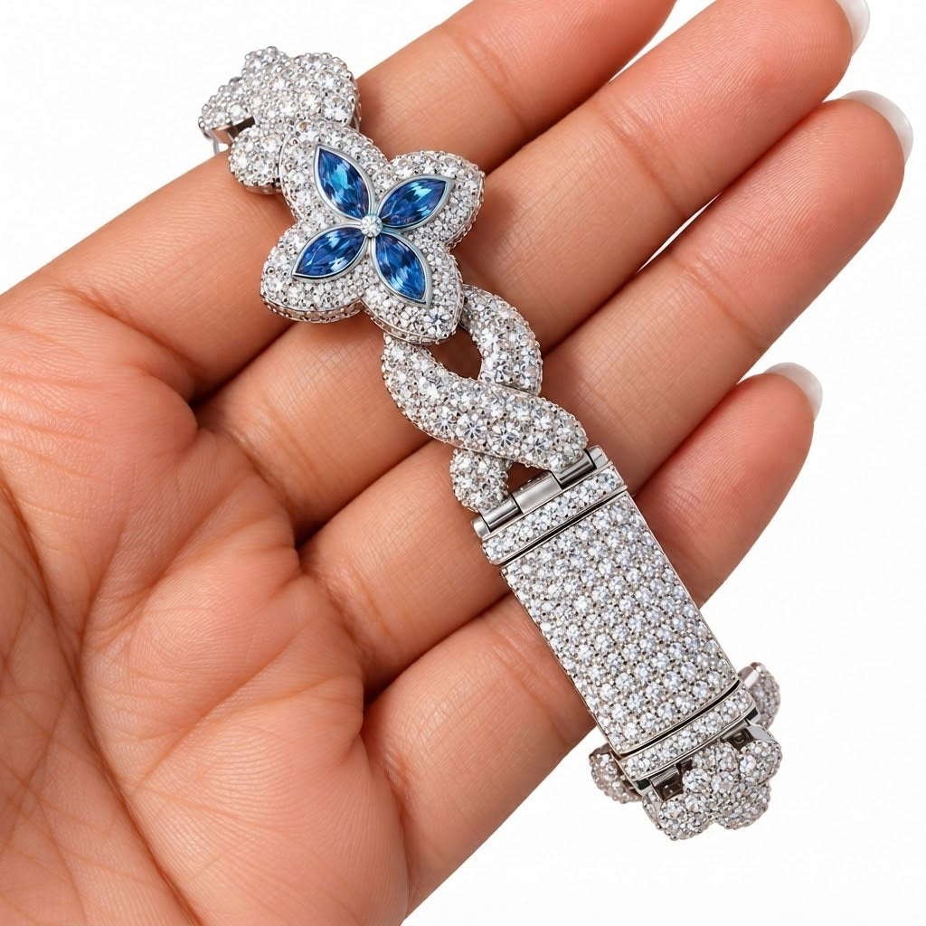 Moissanite Blue Pear Diamond Clover Infinity Link Bracelet