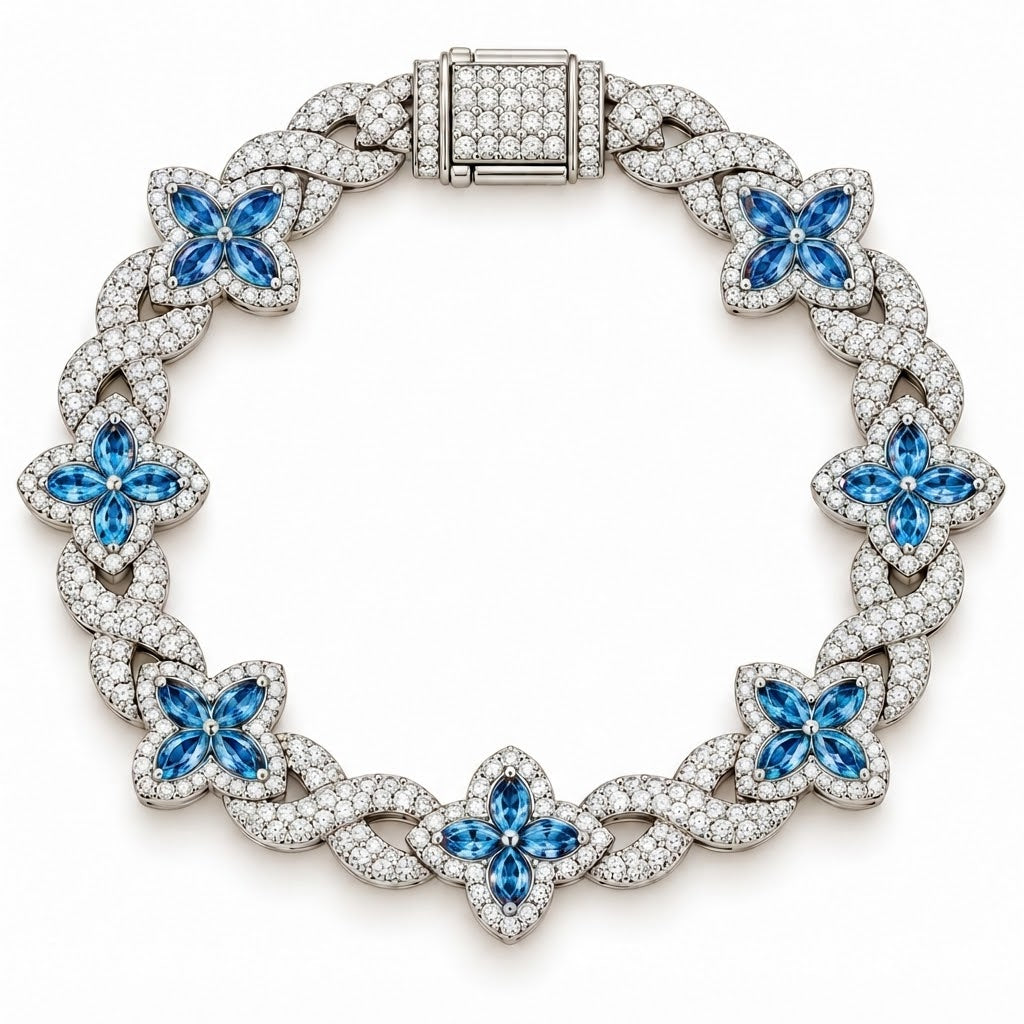 Moissanite Blue Pear Diamond Clover Infinity Link Bracelet