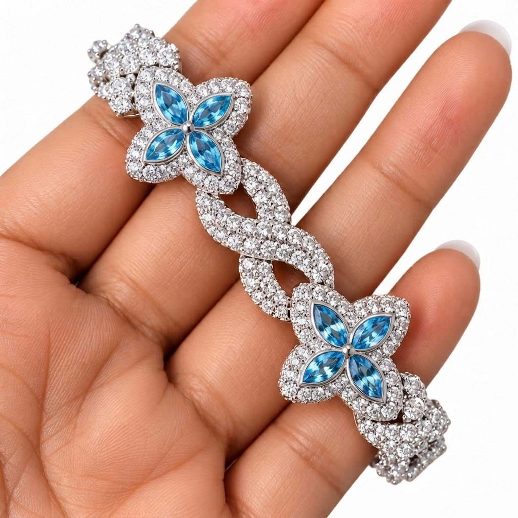 Moissanite Blue Pear Diamond Clover Infinity Link Bracelet
