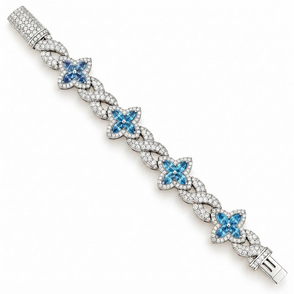 Moissanite Blue Pear Diamond Clover Infinity Link Bracelet