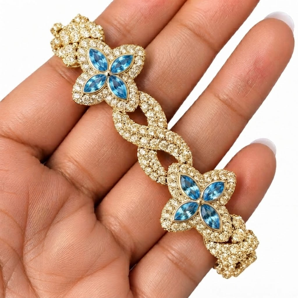 Moissanite Blue Pear Diamond Clover Infinity Link Bracelet
