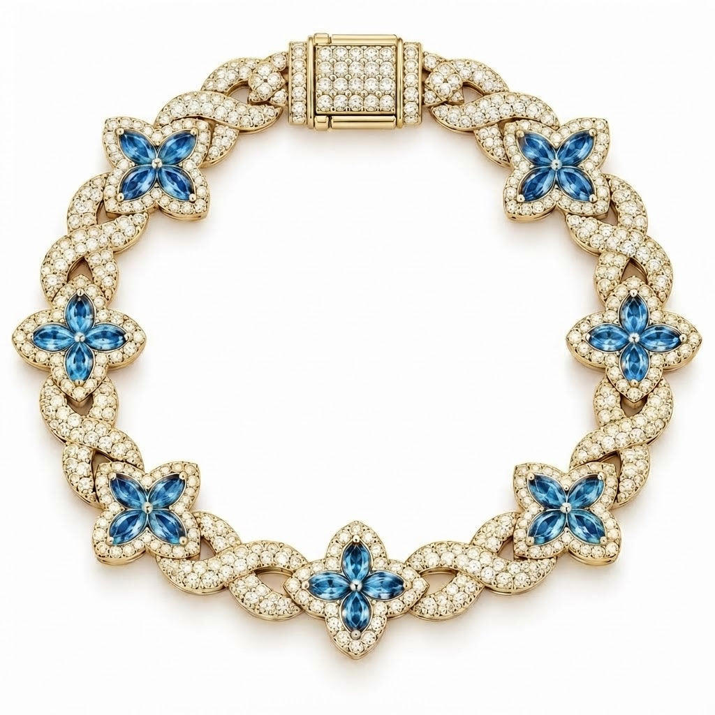 Moissanite Blue Pear Diamond Clover Infinity Link Bracelet