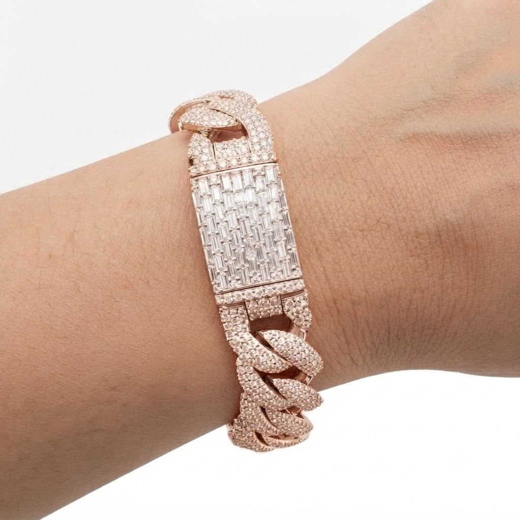 Pave Moissanite Cuban Link Bracelet with Baguette Clasp for Men's