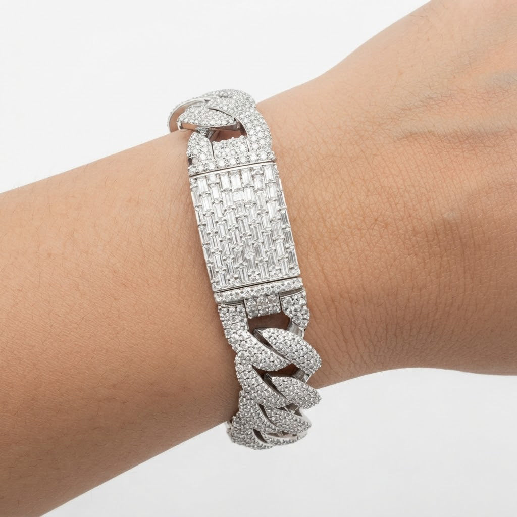 Pave Moissanite Cuban Link Bracelet with Baguette Clasp for Men's