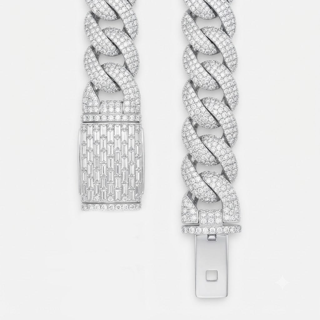 Pave Moissanite Cuban Link Bracelet with Baguette Clasp for Men's