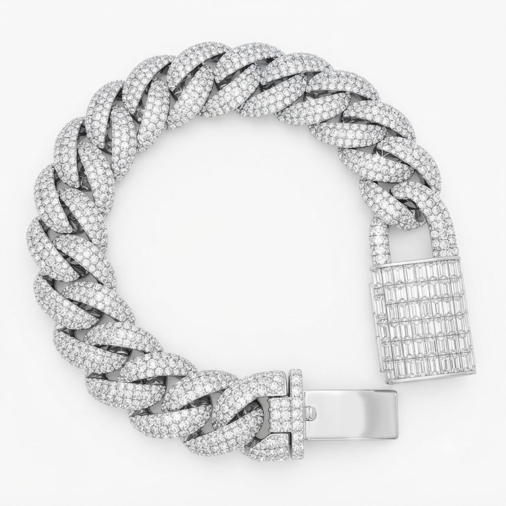 Pave Moissanite Cuban Link Bracelet with Baguette Clasp for Men's