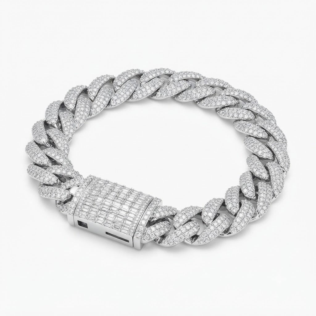 Pave Moissanite Cuban Link Bracelet with Baguette Clasp for Men's