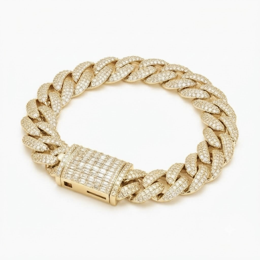Pave Moissanite Cuban Link Bracelet with Baguette Clasp for Men's