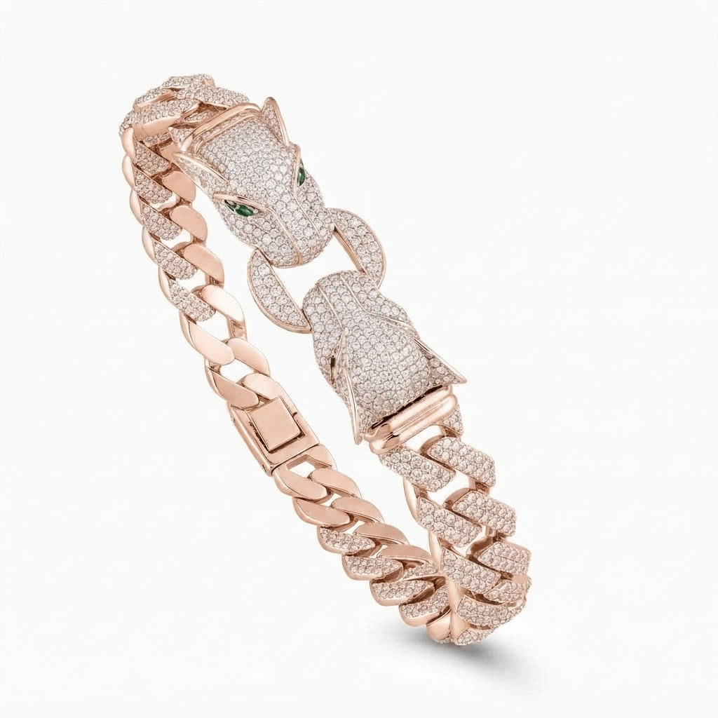 Moissanite Double Panther Head Cuban Link Bracelet