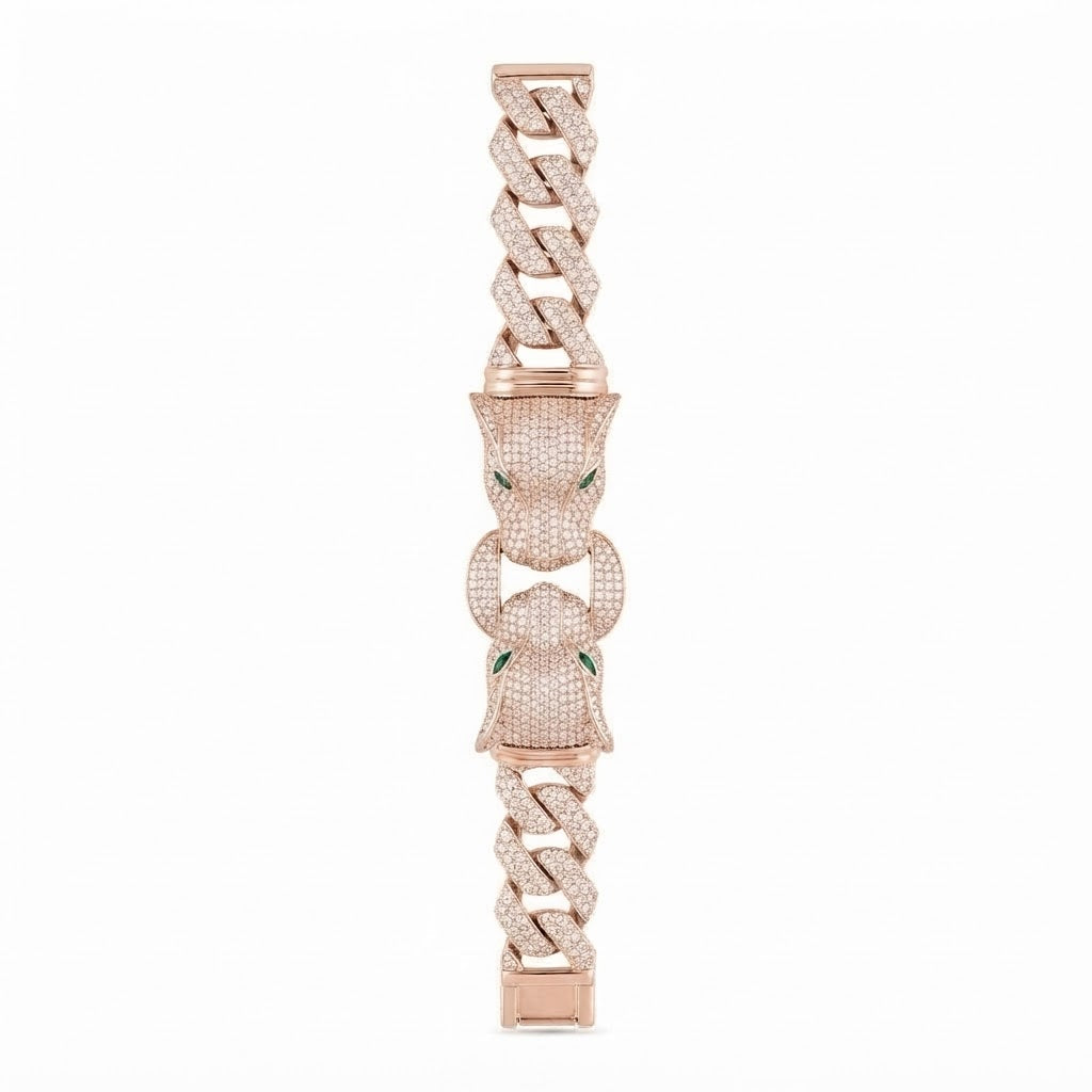Moissanite Double Panther Head Cuban Link Bracelet