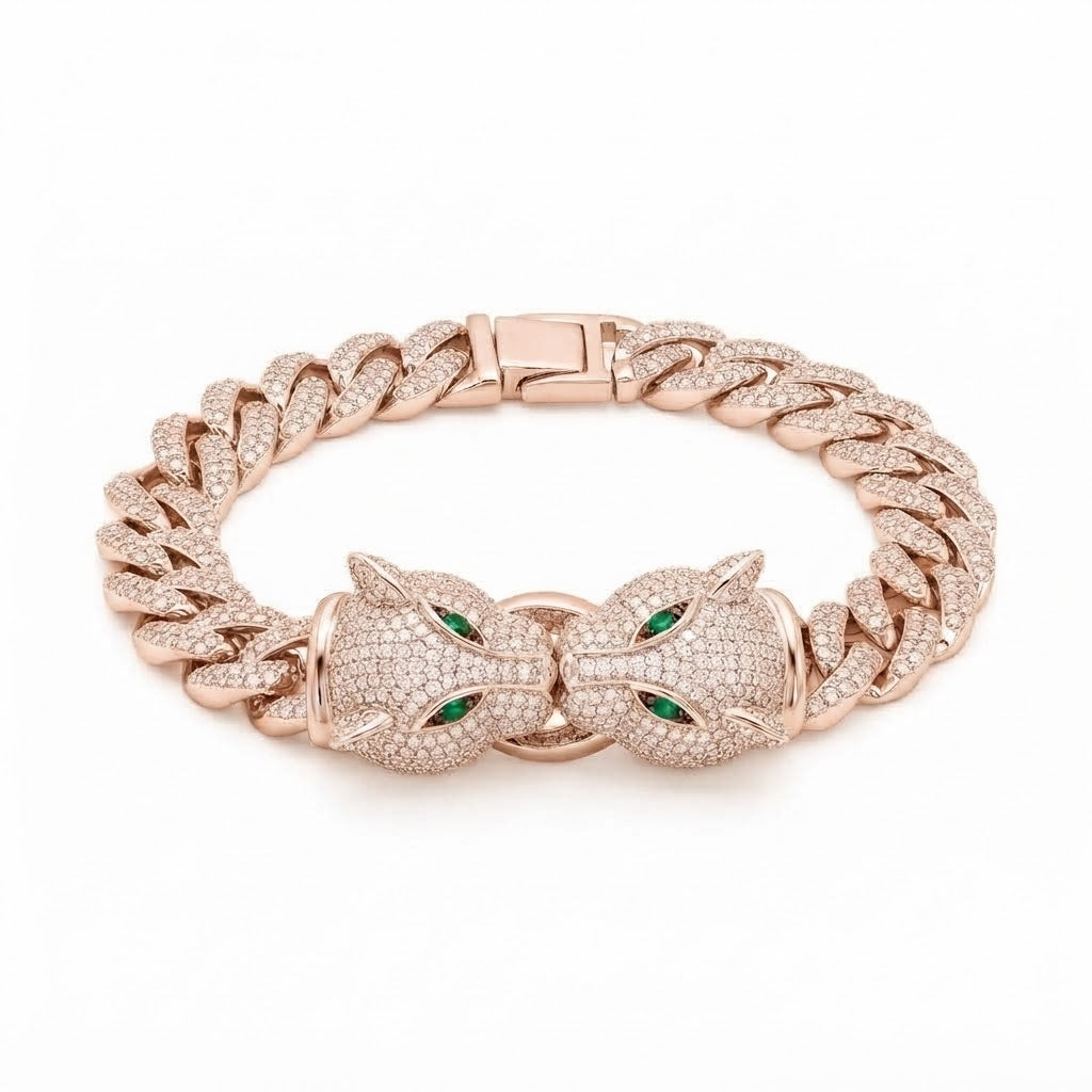 Moissanite Double Panther Head Cuban Link Bracelet