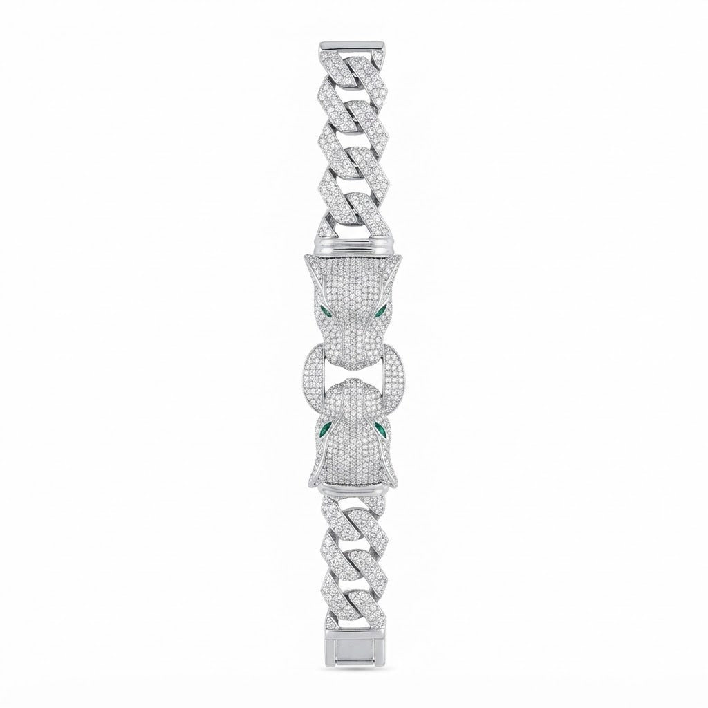 Moissanite Double Panther Head Cuban Link Bracelet