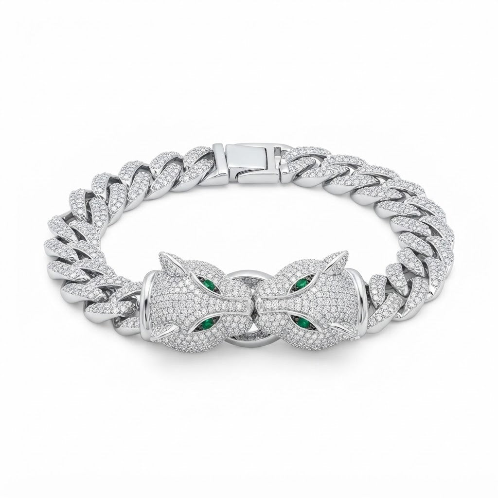 Moissanite Double Panther Head Cuban Link Bracelet