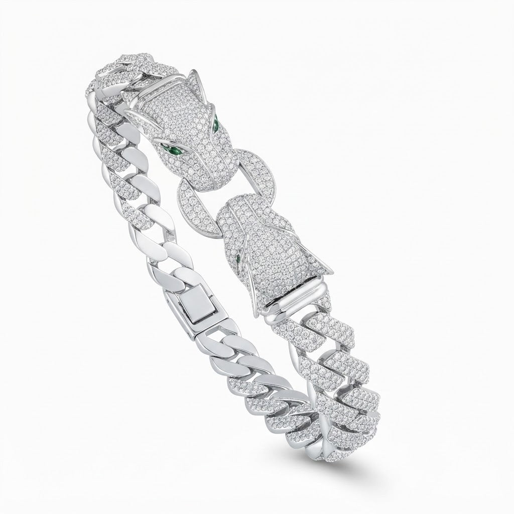 Moissanite Double Panther Head Cuban Link Bracelet