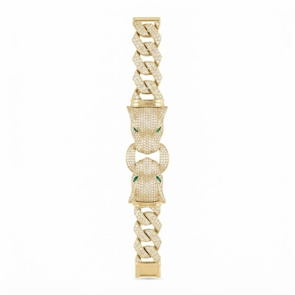 Moissanite Double Panther Head Cuban Link Bracelet