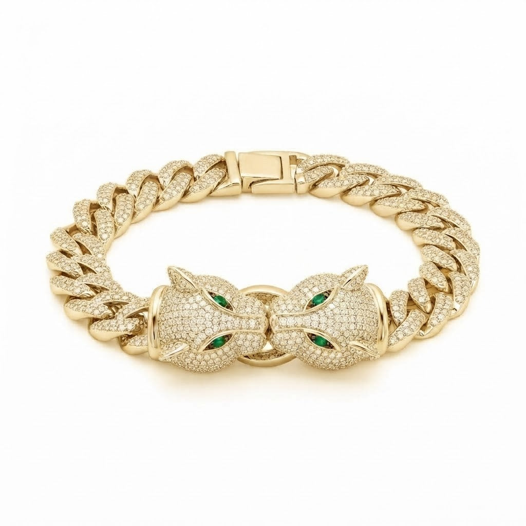 Moissanite Double Panther Head Cuban Link Bracelet