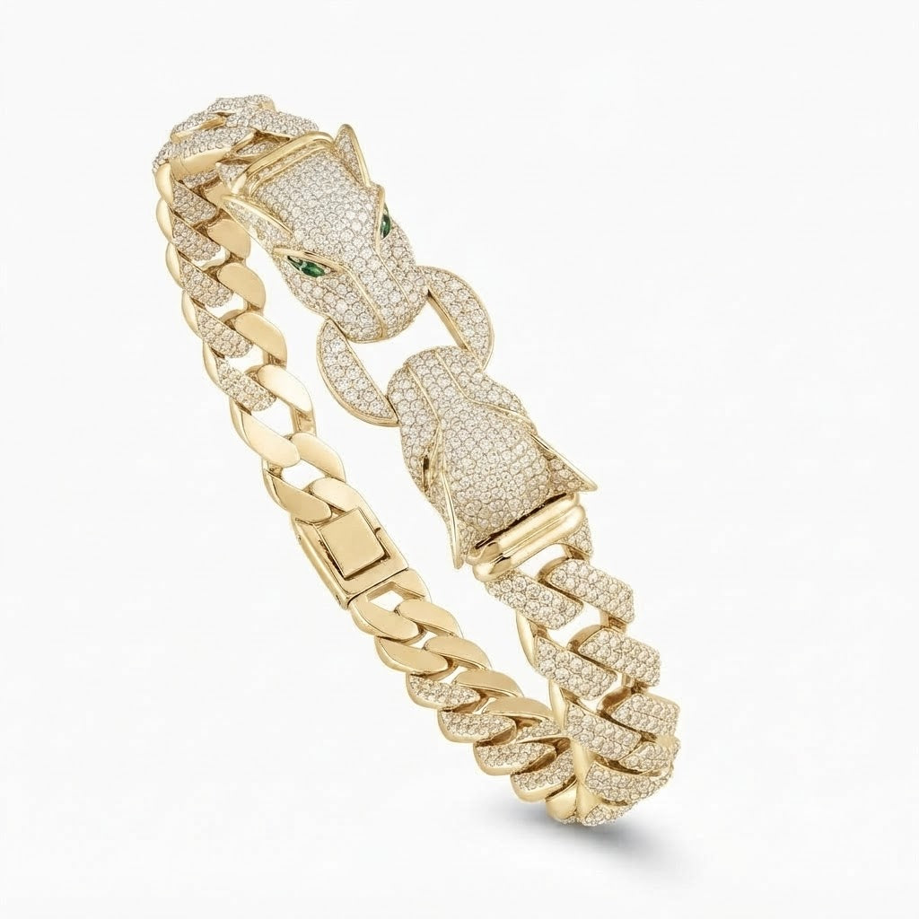 Moissanite Double Panther Head Cuban Link Bracelet