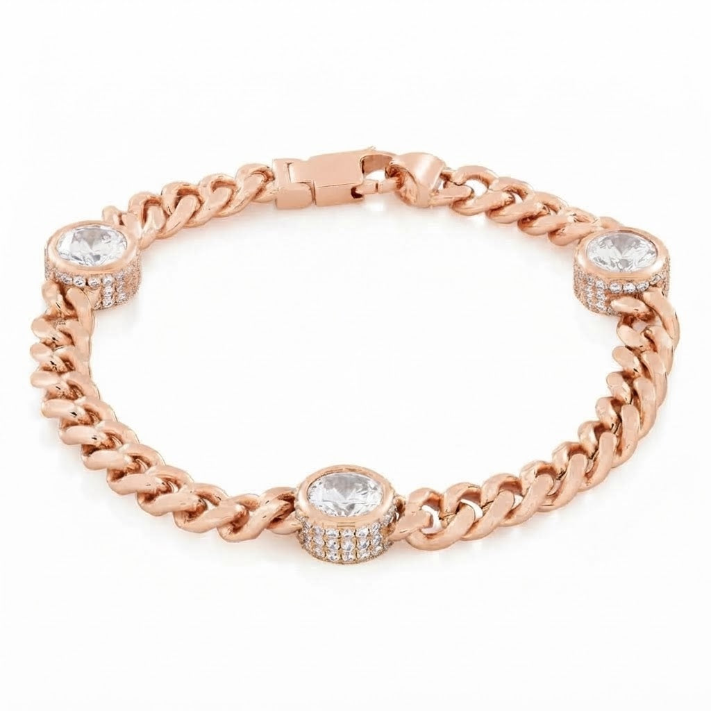Moissanite Cuban Link Bracelet with Triple Bezel Diamond Stations