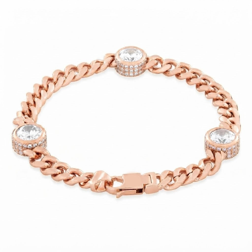 Moissanite Cuban Link Bracelet with Triple Bezel Diamond Stations