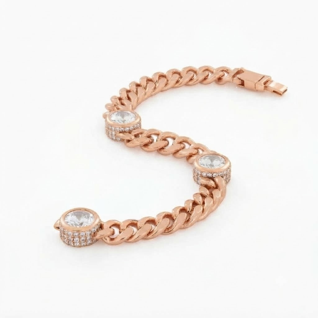 Moissanite Cuban Link Bracelet with Triple Bezel Diamond Stations