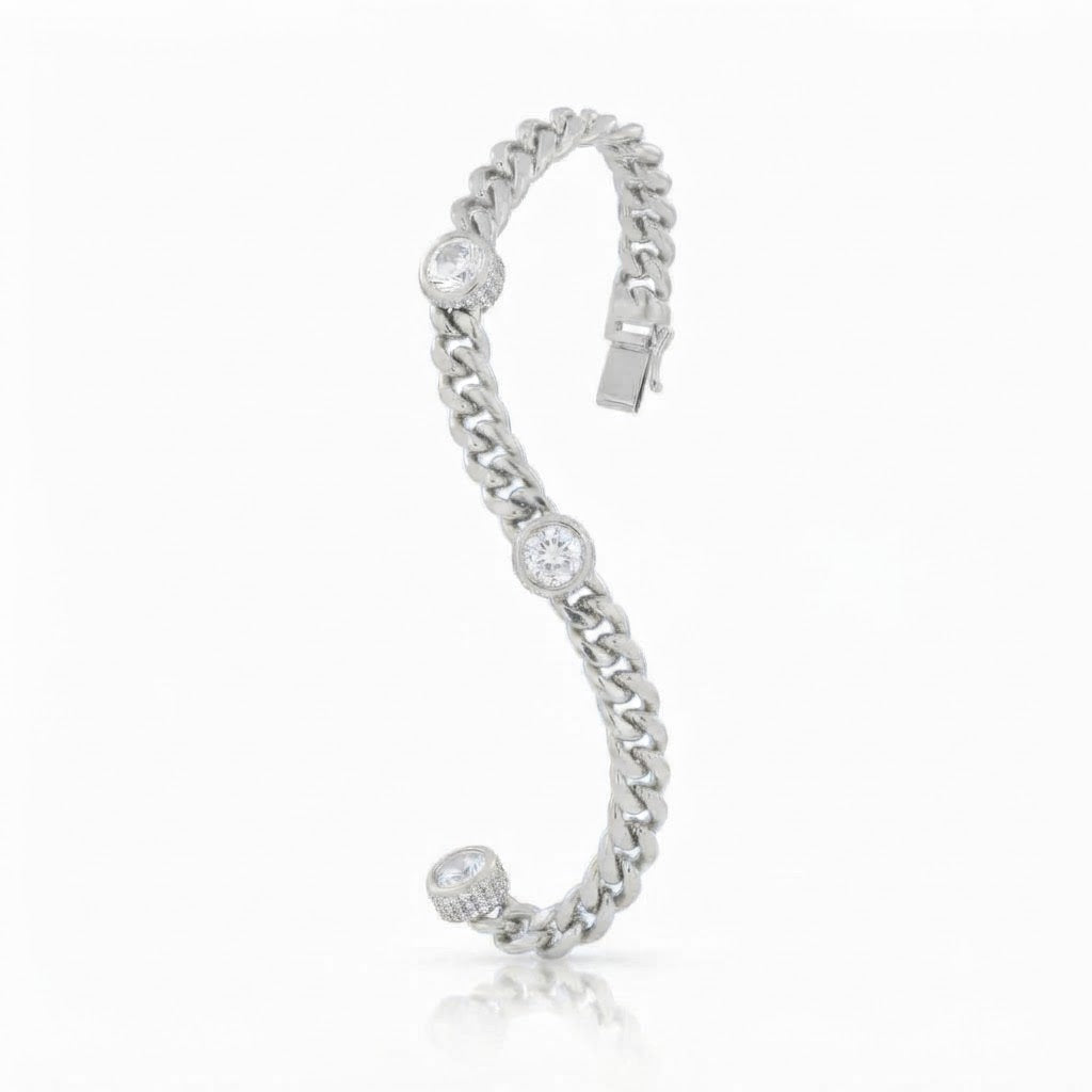 Moissanite Cuban Link Bracelet with Triple Bezel Diamond Stations