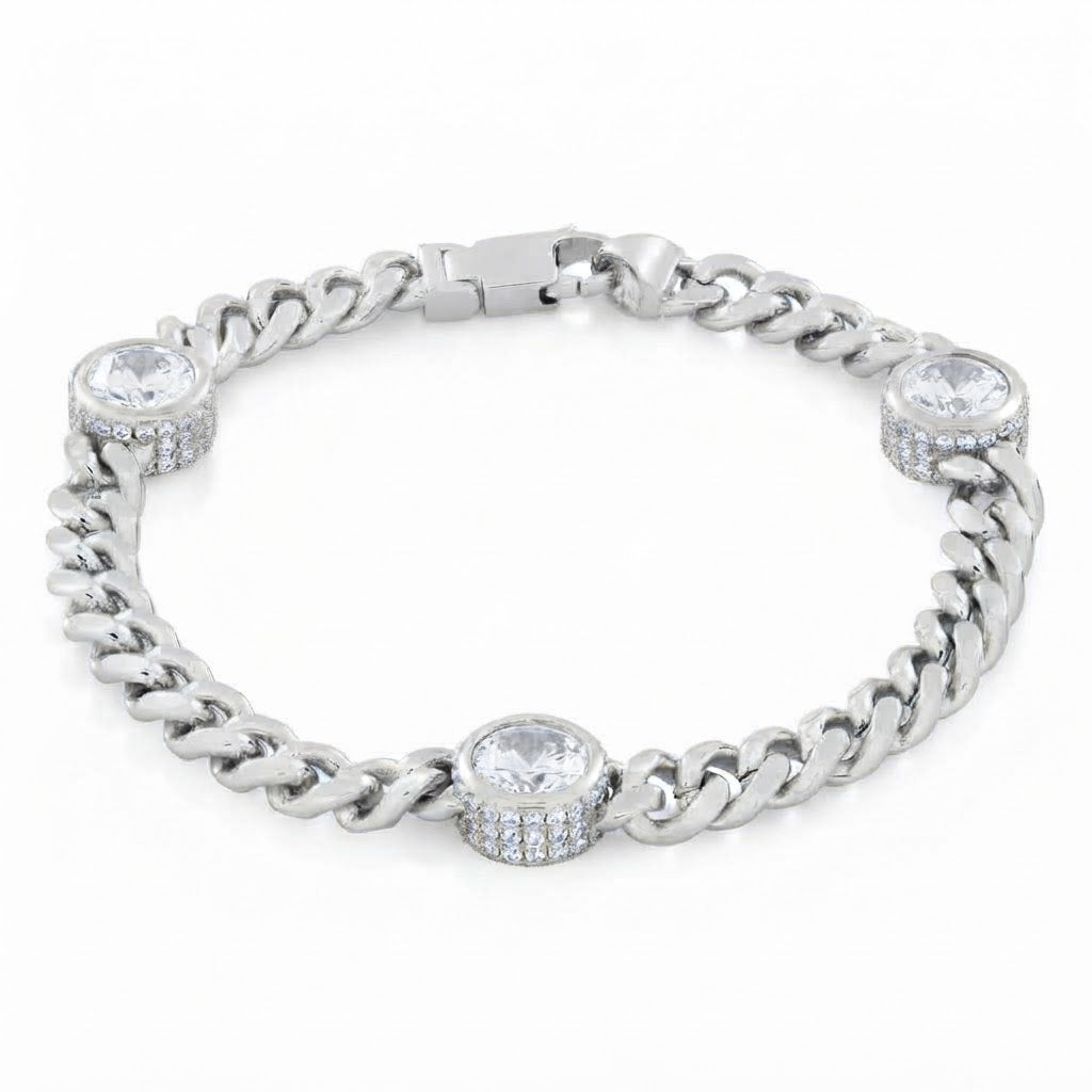 Moissanite Cuban Link Bracelet with Triple Bezel Diamond Stations