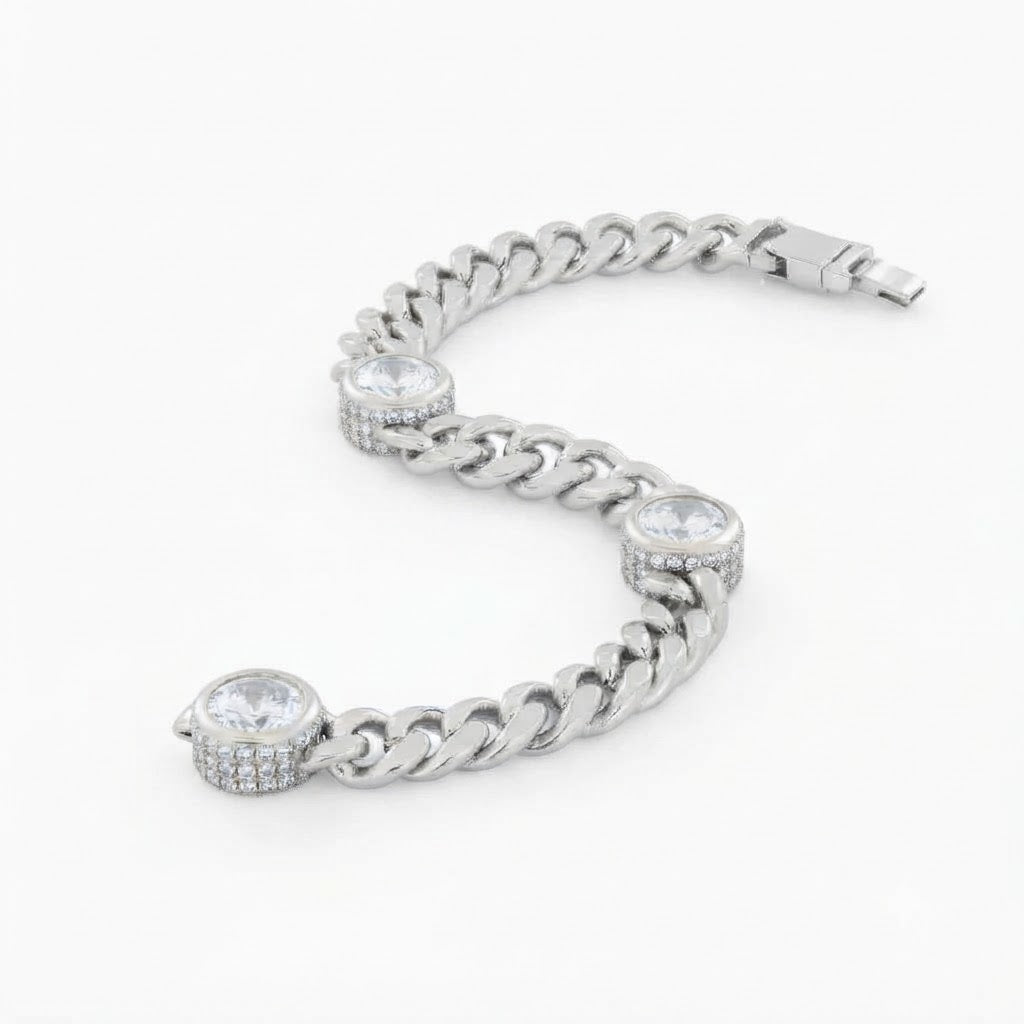 Moissanite Cuban Link Bracelet with Triple Bezel Diamond Stations