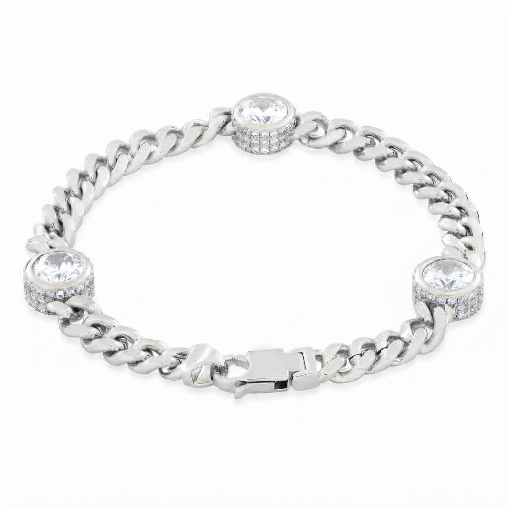 Moissanite Cuban Link Bracelet with Triple Bezel Diamond Stations
