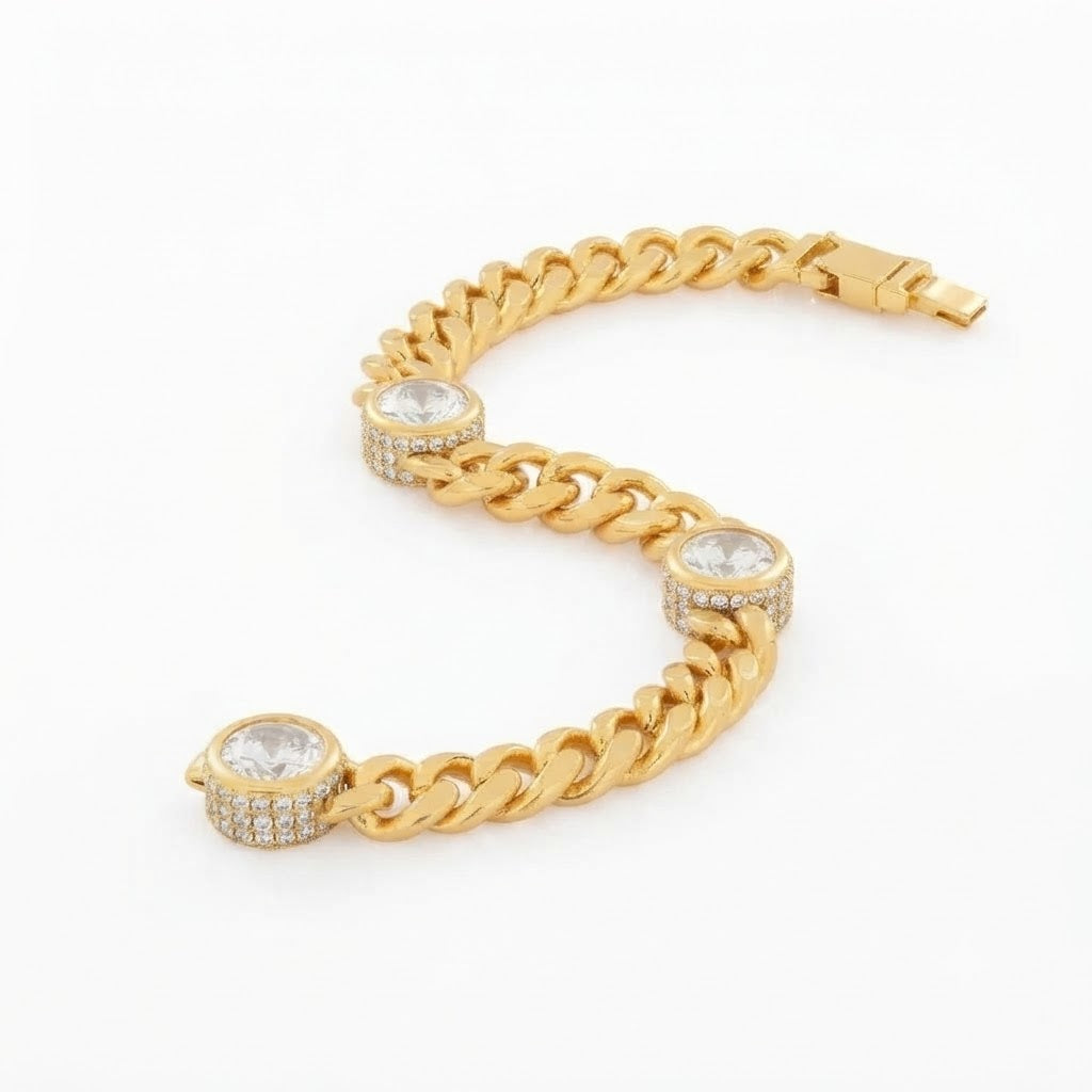 Moissanite Cuban Link Bracelet with Triple Bezel Diamond Stations