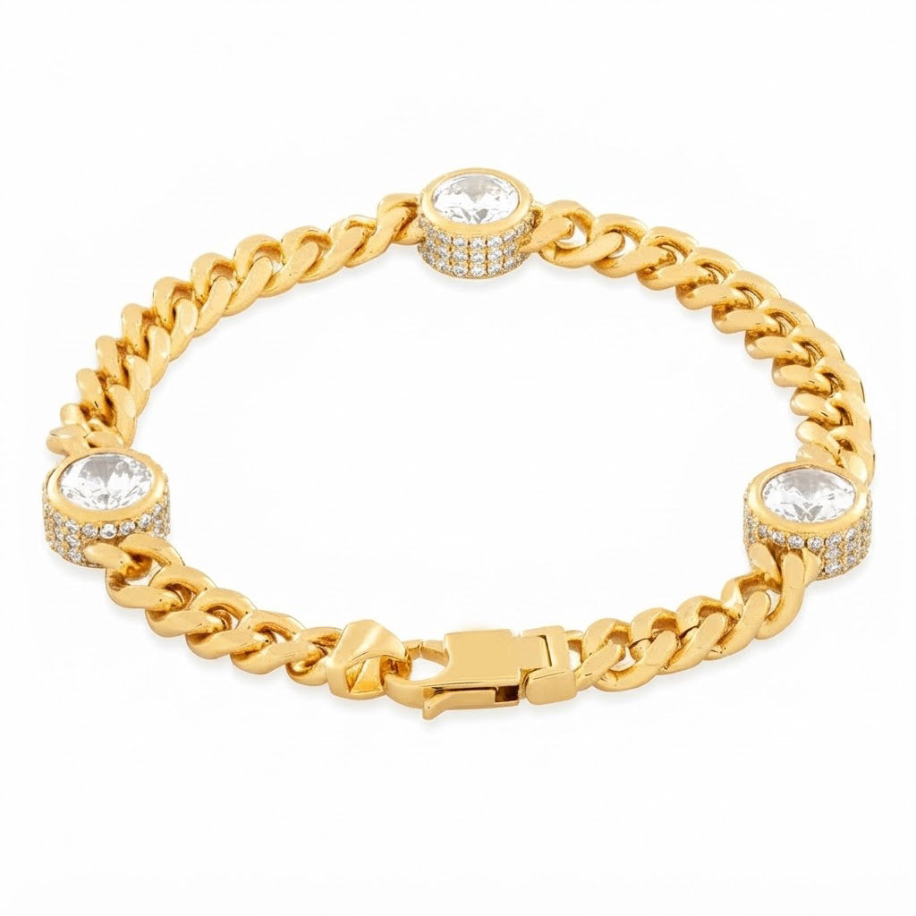 Moissanite Cuban Link Bracelet with Triple Bezel Diamond Stations