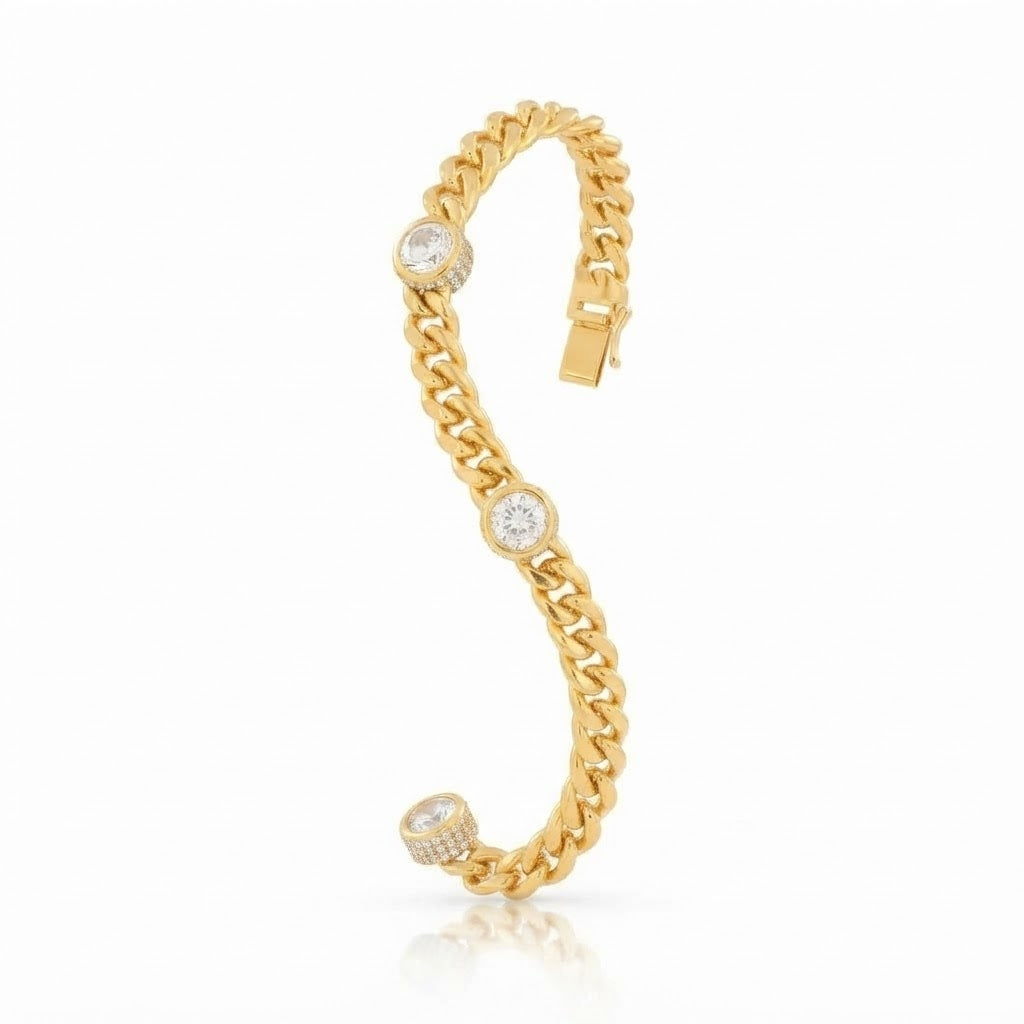 Moissanite Cuban Link Bracelet with Triple Bezel Diamond Stations