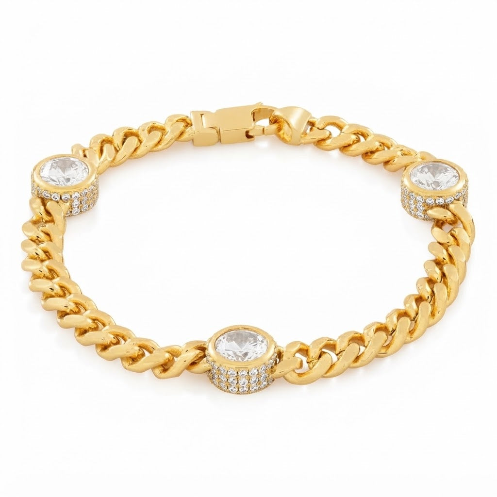 Moissanite Cuban Link Bracelet with Triple Bezel Diamond Stations