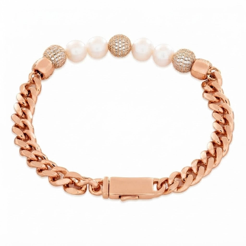 Trove Orbit Pearl Beaded Curb Link Bracelet with Pave Moissanite Beads