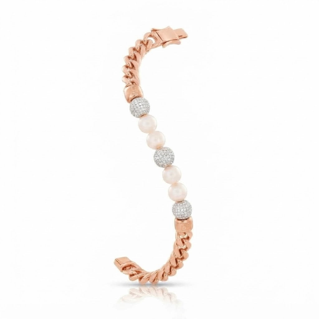 Trove Orbit Pearl Beaded Curb Link Bracelet with Pave Moissanite Beads